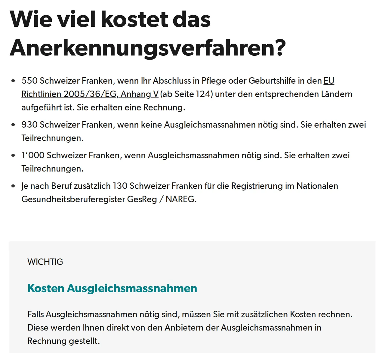 SRK-Seite «Wie viel kostet das Anerkennungsverfahren?»: 550 Franken für Abschlüsse nach Anhang V, 930 Franken ohne und 1000 Franken mit Ausgleichsmassnahmen, je nach Beruf 130 Franken für das Register, Ausgleichsmassnahmen separat